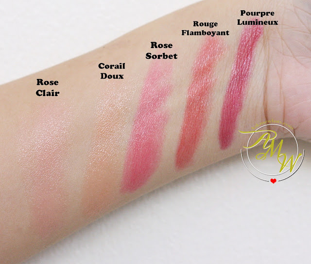 a swatch photo of Yves Rocher Radiant Lip Crayons Review in shades Rose Clair, Corail Doux, Rose Sorbet, Rouge Flamboyant and Pourpre Lumineux