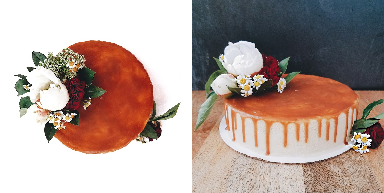 earl grey cheesecake with salty dark caramel topping, decorated with white peonies, red carnations, chamomile flowers, and green mist