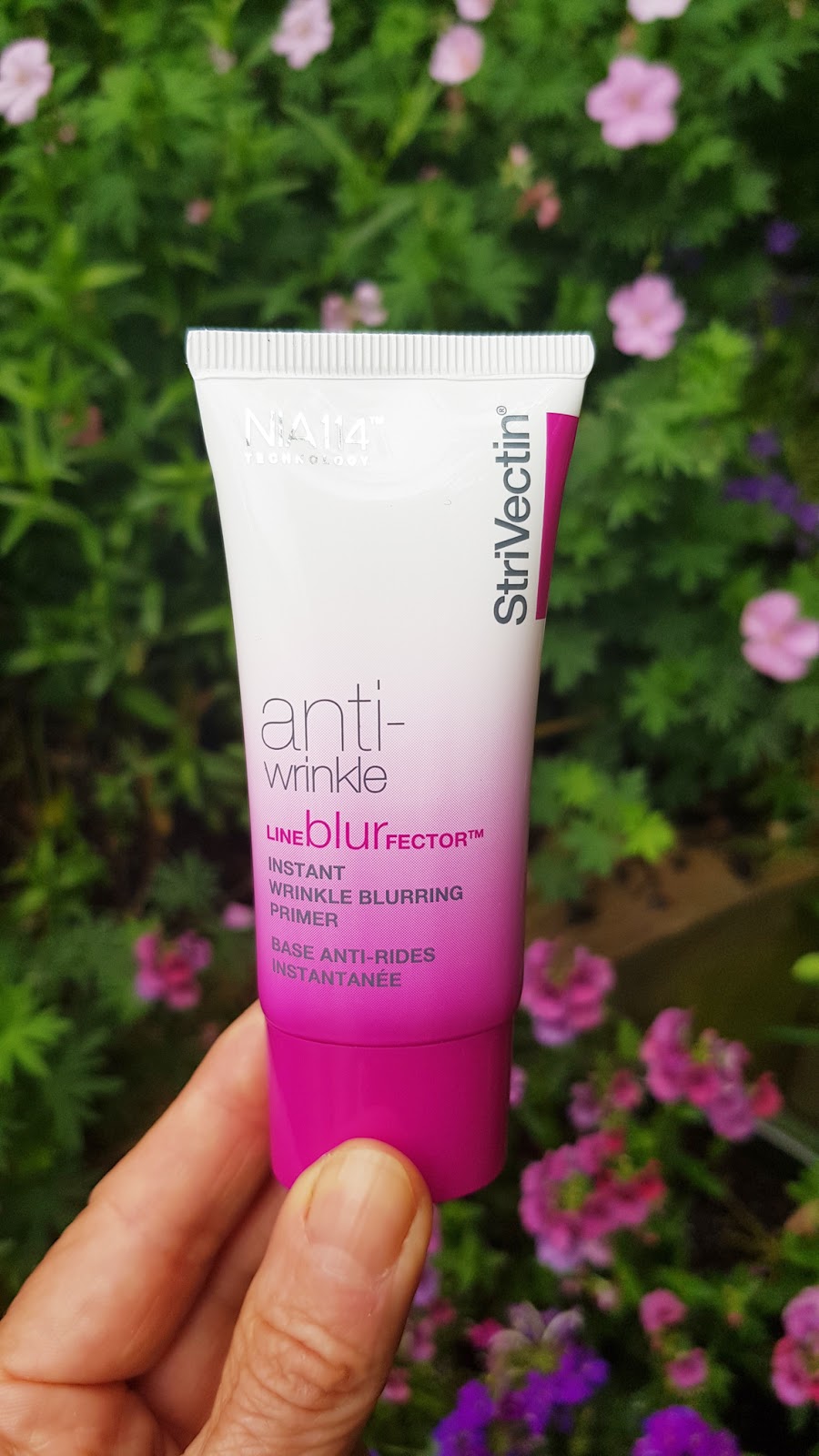 The pink and white 30ml tube of Strivectin's new Line BlurFector instant wrinkle blurring primer 
