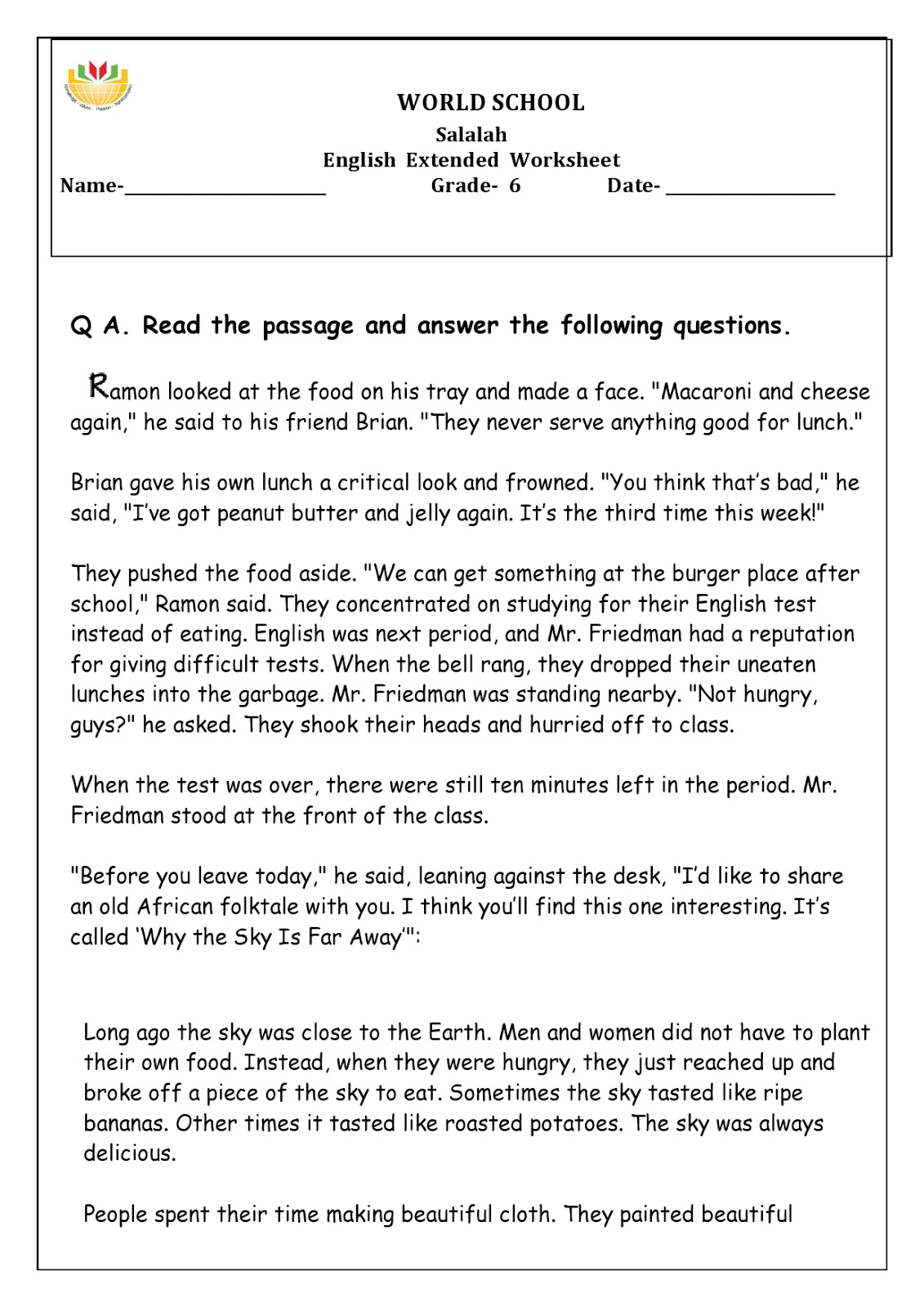 Birla World School Oman: Optional Homework for Grade 6 as on 04/10/2018