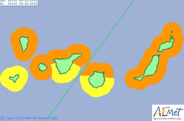 Avisos naranjas costero en Canarias jueves 8 febrero