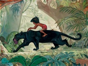 Mowgli riding on Bagheera's back in The Jungle Book  animatedfilmreviews.filminspector.com