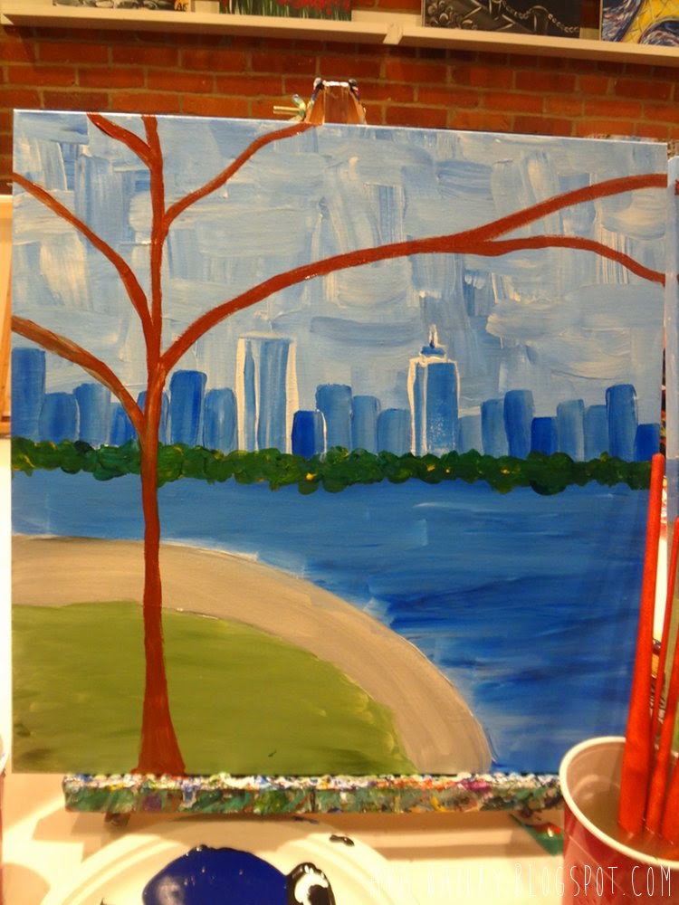 Tree painting, Charles River, Boston skyline