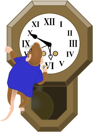 Image: Frank-the-mouse, having clambered on to a schoolhouse regulator clock, checks a golden pocket watch against it. Both read 5:50:42. 