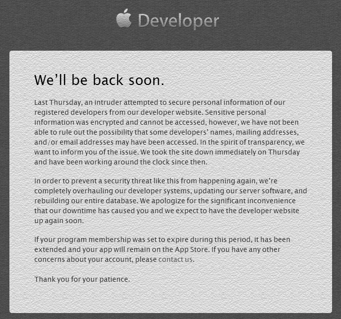 Apple Developer Website Update -We Will Come Back Soon