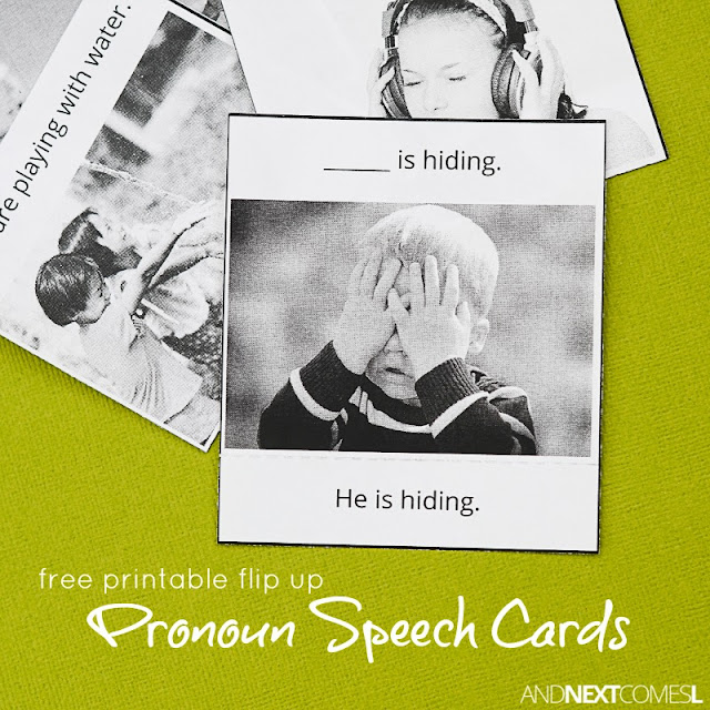 Free printable flip up pronoun speech therapy cards for kids - great for kids with autism and hyperlexia from And Next Comes L