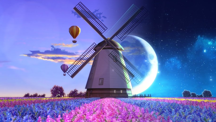 Windmill, Flowers, Moon, Night, Nature, Landscape, Flowers, 4K, #177