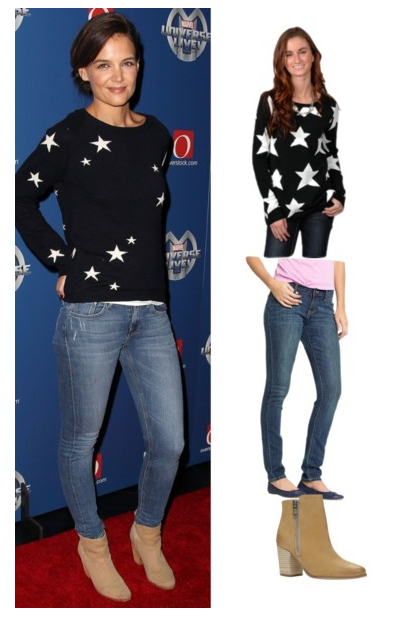 Dress Me 4 Less: Katie Holmes in Starry Sweater and Skinnies