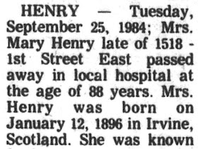 "Deaths - Henry," (Prince Albert) Prince Albert Daily Herald, 27 Sep 1984, p. 13, col. 5.
