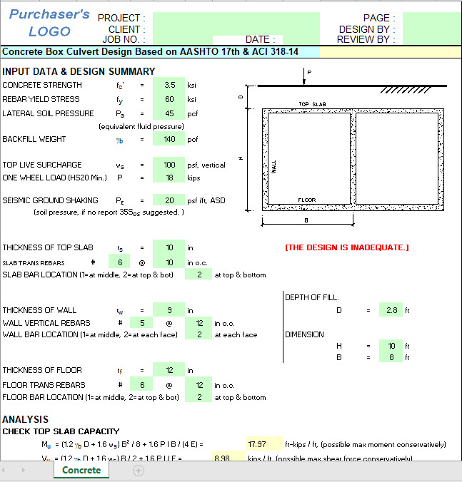 Concrete Box Culvert Design Spreadsheet Based on AASHTO 17th & ACI 318-14
