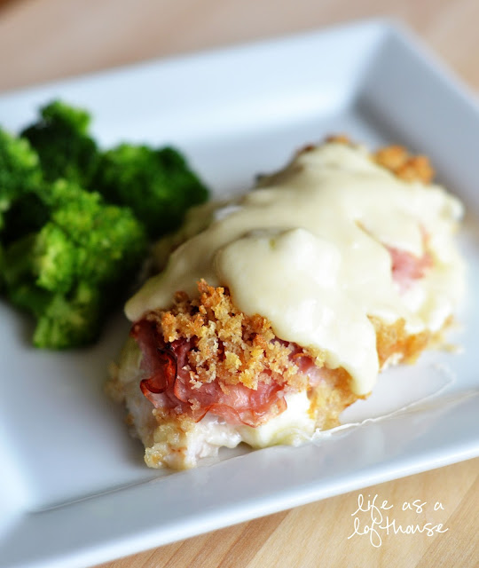 Easy Chicken Cordon Bleu is chicken breasts topped with ham, Swiss cheese, bread crumbs and a delicious Parmesan-Dijon cream sauce. Life-in-the-Lofthouse.com