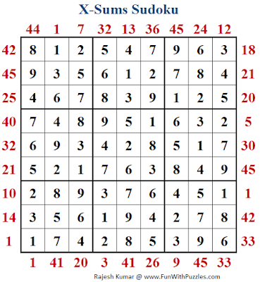 X Sums Sudoku (Fun With Sudoku #217) Puzzle Solution