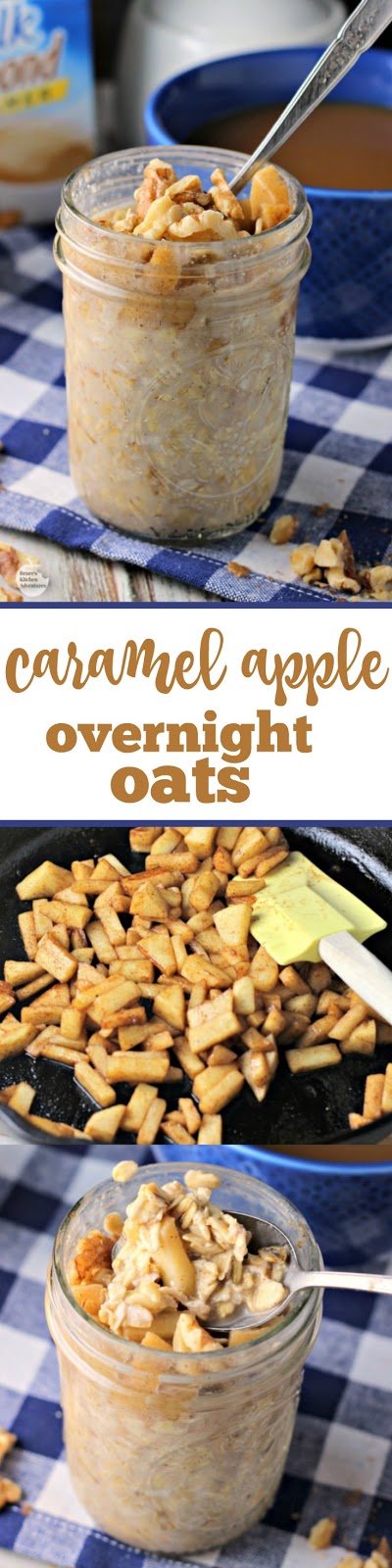 Caramel Apple Overnight Oats | by Renee's Kitchen Adventures - easy recipe for caramel apple flavored no bake oatmeal perfect for breakfast on-the-go! #SilkSiptoSpoon ad #RKArecipes