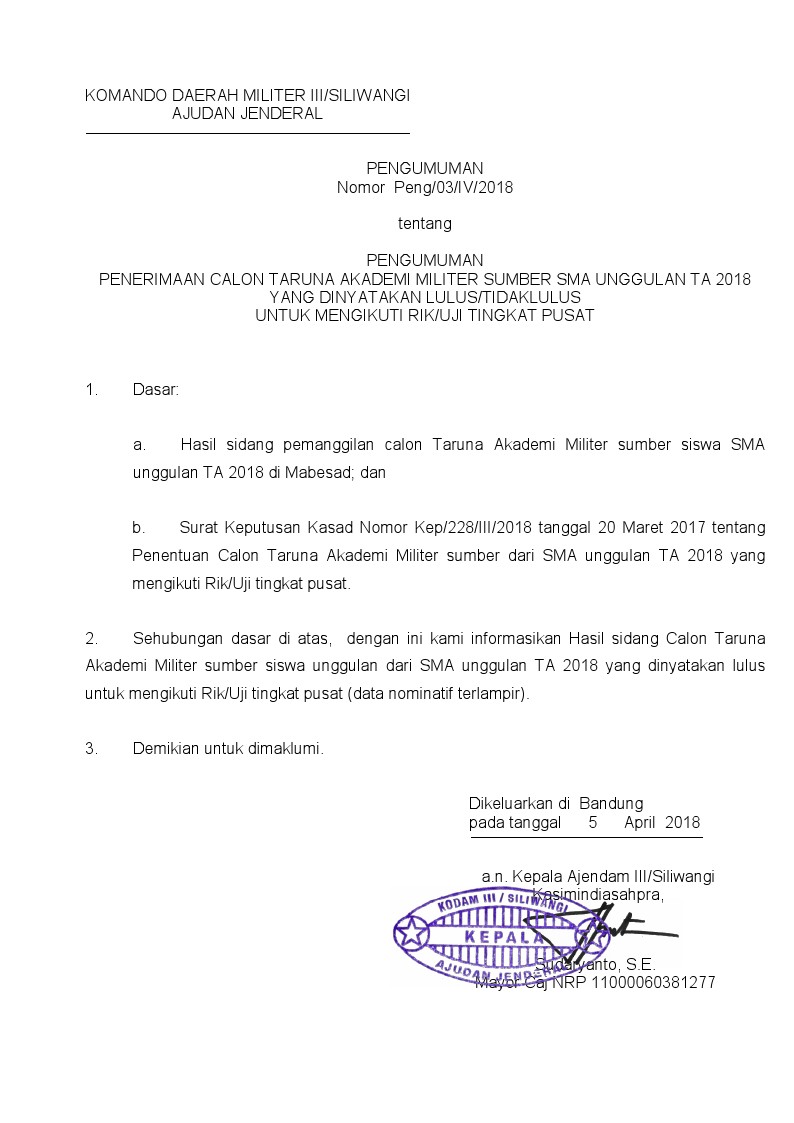 PENGUMUMAN AJENDAM III/SILIWANGI: PENGUMUMAN CALON TARUNA AKADEMI