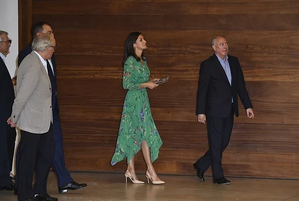 Queen Letizia wore a flower print asymmetric silk midi dress by Maje Paris. International School of Music of Princess of Asturias Foundation