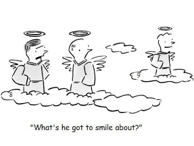 Funny heaven religious cartoon - What's he got to smile about?
