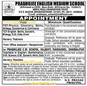 Prabhujee English Medium School Bhubaneswar Wanted PGT plus TGT ...