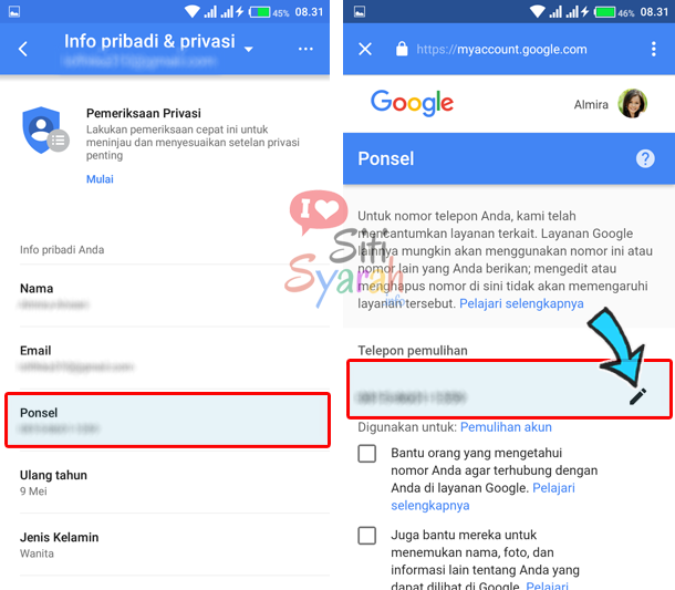 cara mengganti nomor hp gmail di android