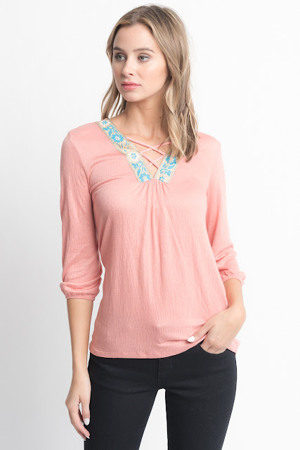 Shop for Pink Cross Front Blouse -Criss Cross Front Floral Trim Elastic Cuff Top on caralase.com