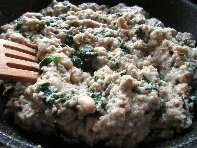 Pork tenderloin with bread, spinach and white bean dumplings by Laka kuharica: add coriander, basil, sea salt and pepper.