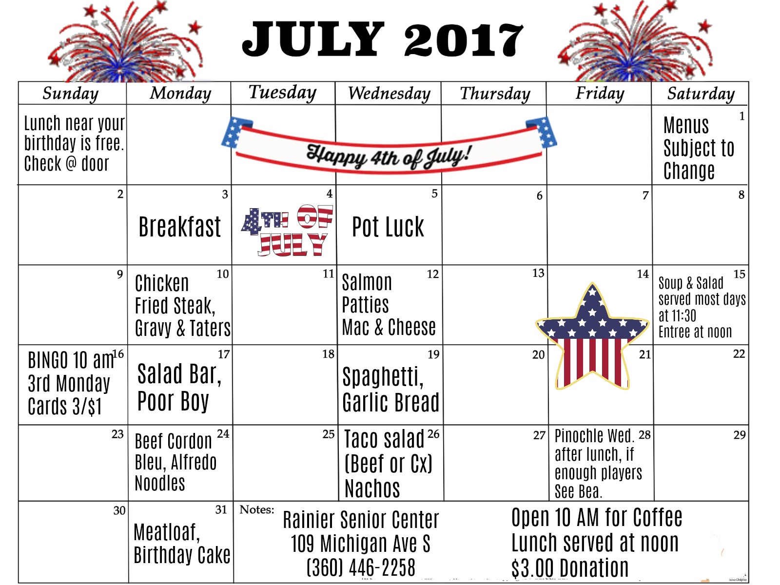 Rainier Senior Center News July 2017 Menu