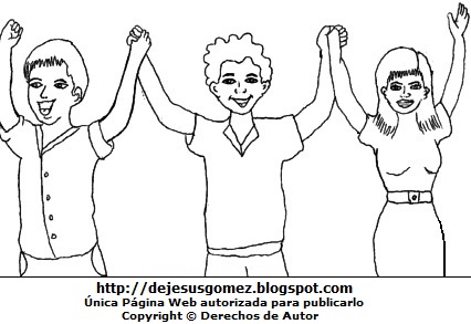 Jóvenes por el Día Internacional de la Juventud Dibujo de Jóvenes felices levantando la mano para colorear, pintar e imprimir de Jesus Gómez