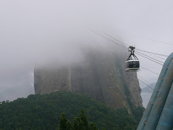 Upper SugarLoaf Mountain with cable car emerging from fog, Rio de Janeiro