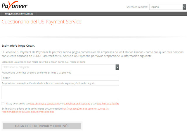 cuestionario US Payment Service Payoneer