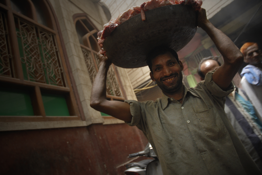 This is a photo of a meat-carrier in Chowk Nai Basti in Delhi