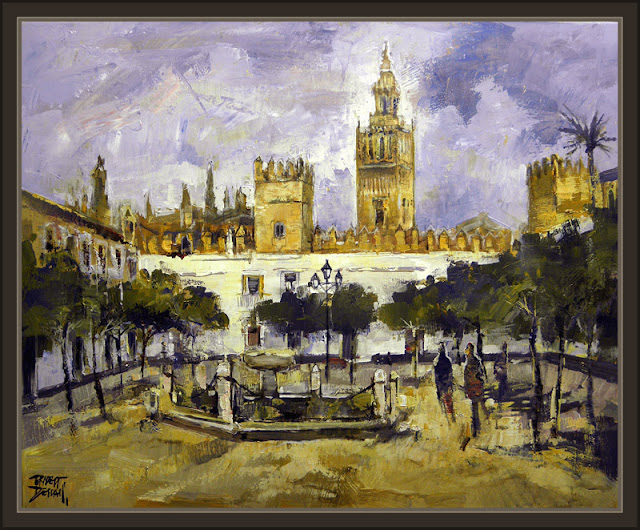 SEVILLA-GIRALDA-PATIO-BANDERAS-PINTURAS-CUADROS-PAISAJES-PINTOR-ERNEST DESCALS-