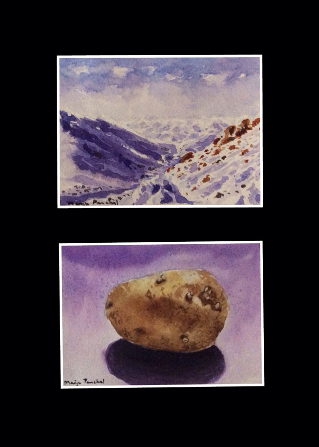 Water colour painting of Ladakh Landscape and still life potato by Manju Panchal