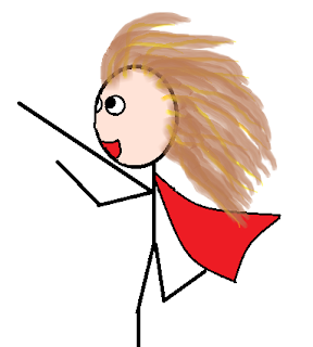Female superhero stick figure.  Red cape and brown hair.
