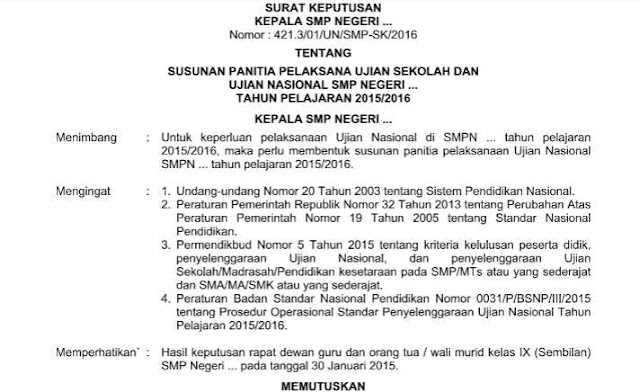 Ilustrasi Contoh Surat Keputusan Panitia Ujian Nasional Contoh SK Panitia UN SMP/MTs, SMA/SMK/MA 2020