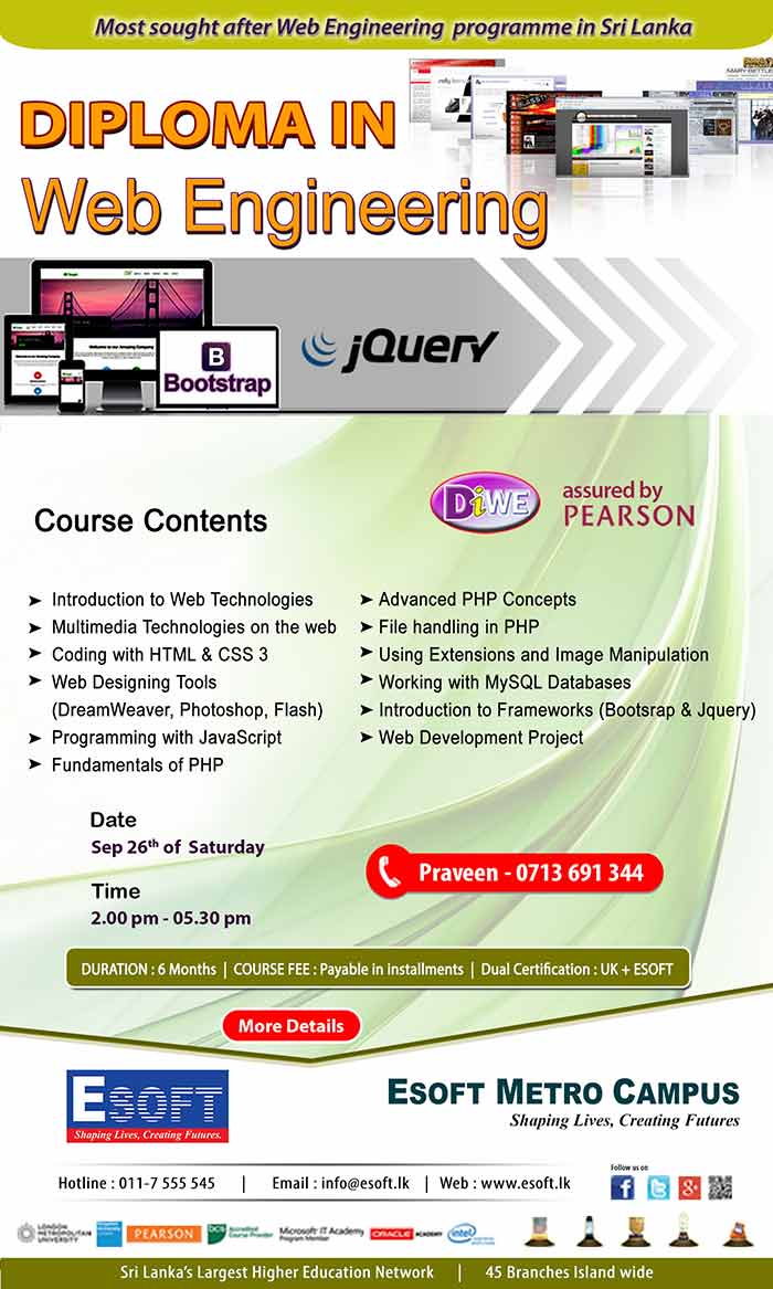 eBusiness and related areas such as eGovernance and eLearning have lead to a demand for qualified web applications developers who are able to develop rich solutions using a multitude of tools and technologies. DIWE will expose the students to a practical environment of web applications engineering allowing them to master the critical technologies. Ideal for those looking for a career in web engineering and also for those that are looking for a revenue earner for self employment