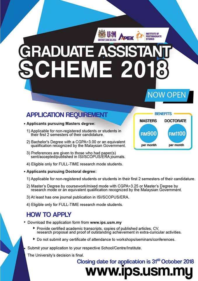 Skim Siswazah Pembantu Universiti Sains Malaysia (USM) Ambilan 2/2018 (Disember)