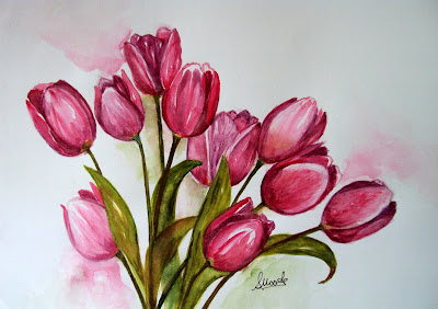 flowers,blossom,blooms,pink,tulips,background,spring,summer,painted,watercolour,bouquet,theme