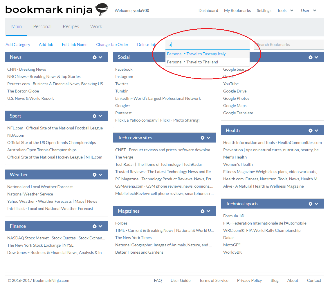 Bookmark Ninja New Feature Find Category and Search Bookmarks on the Dashboard