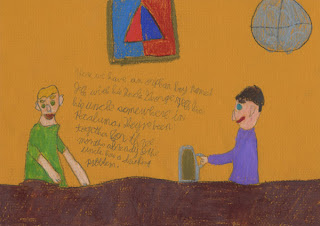 Artwork entitled Fiction and Fact (detail 2) by  by Andrew Bixler.  Text in the piece reads, here we have an orphan boy named jeff with his uncle