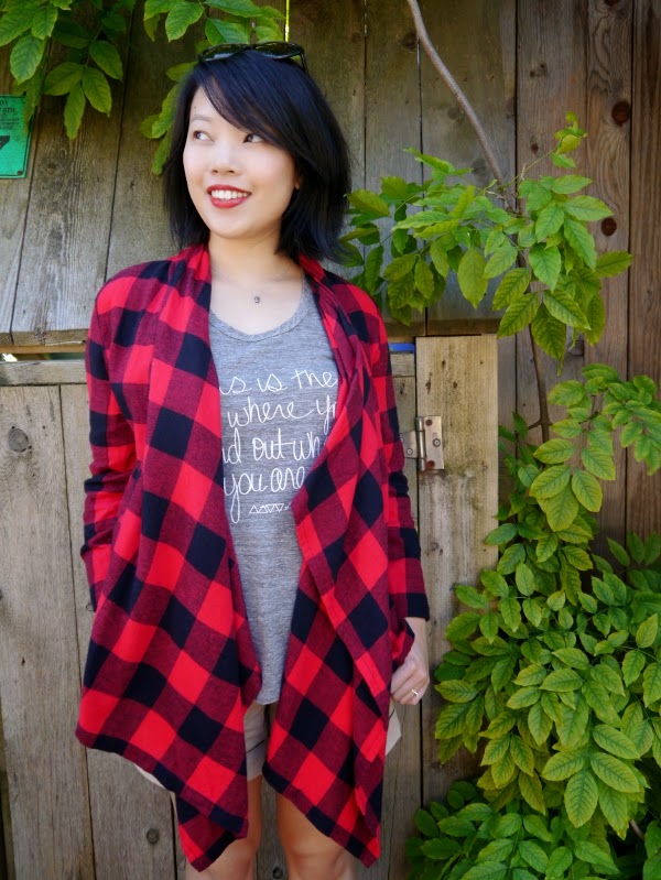 Summer to fall transitional style: buffalo plaid, heather grey tank, red lips