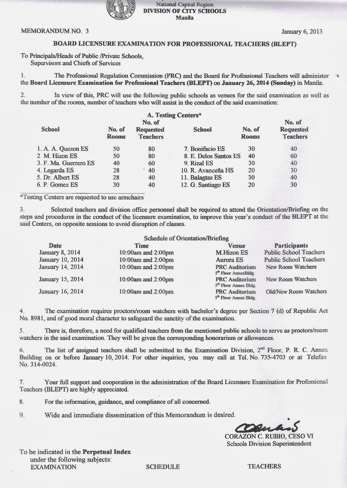 Department of Education Manila Division Memorandum No. 3 BOARD