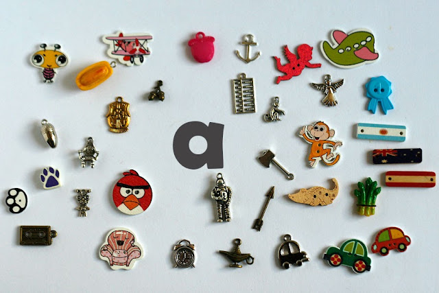 TomToy Individual letter A I spy trinkets for alphabet, Miniature abc objects, Montessori alphabet. Sorting toddler activities