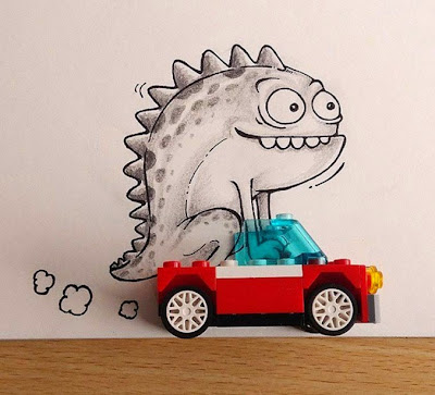 Doodle o garabato de dinosaurio interactuando con su entorno
