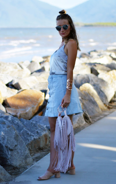 button up denim skirt silk cami and fringe clutch button up denim skirt silk cami and fringe clutch