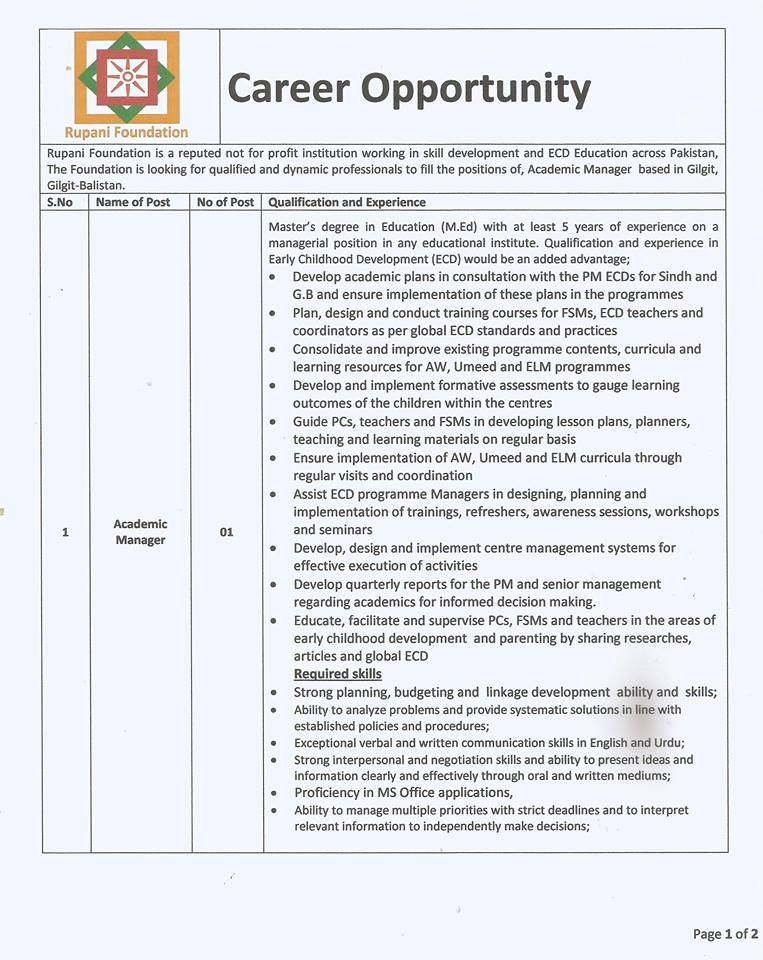 GilgitBaltistan Career Forum Rupani Foundation announced a Position