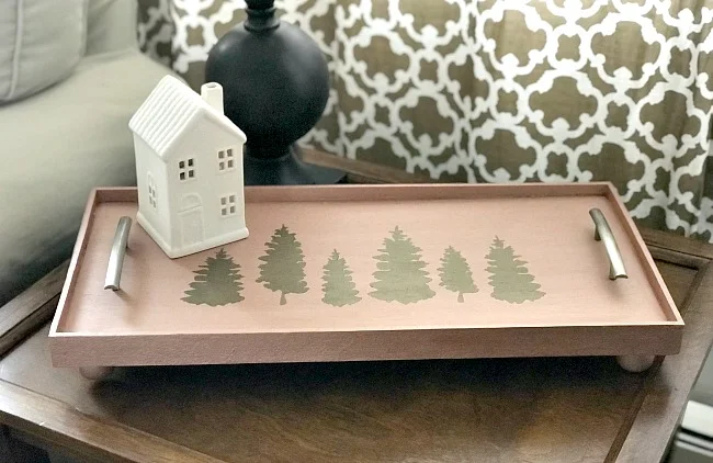 DIY Rose Gold Serving Tray with Christmas tree stencil. Homeroad.net