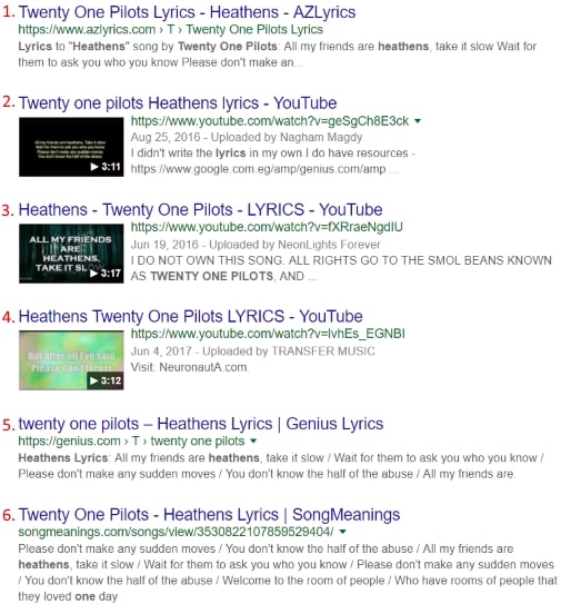 Google displays Direct Answer snippet for Song Lyrics Small websites