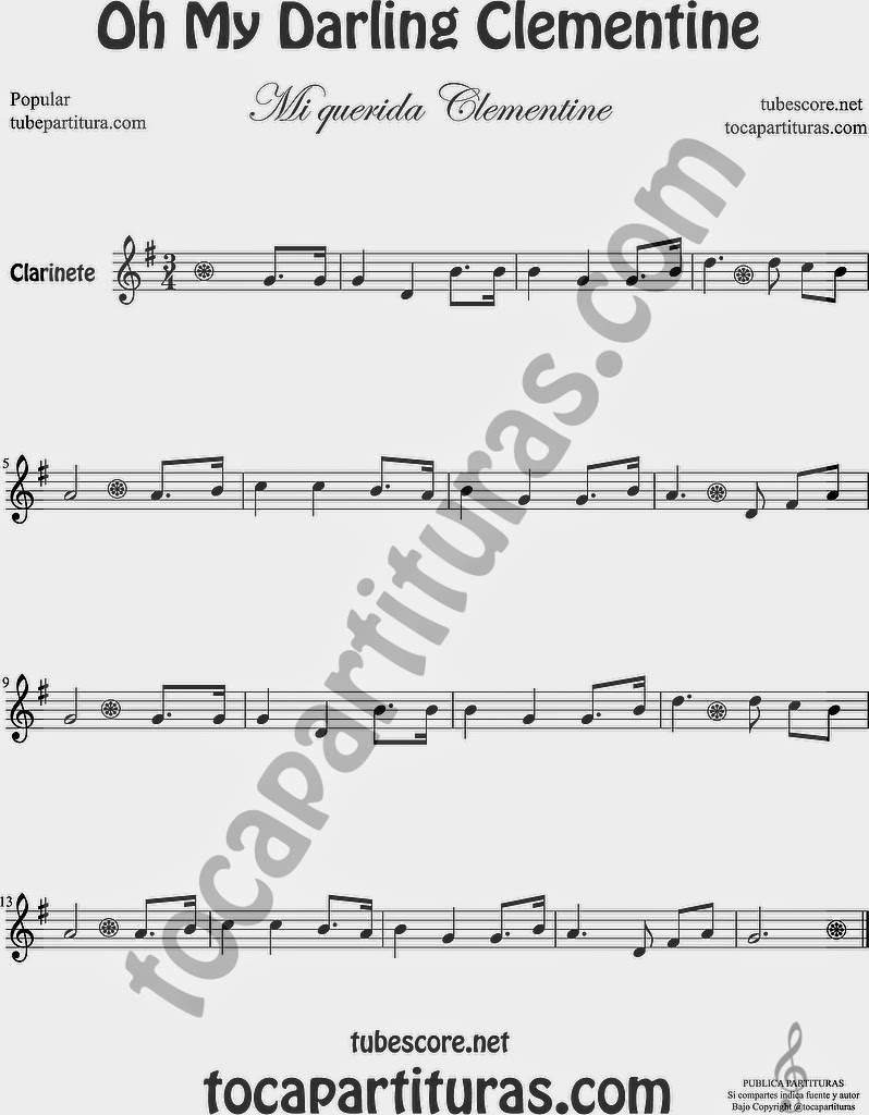 Mi Querida Clementin Partitura de Clarinete Sheet Music for Clarinet Music Score Oh My Darling Clementine Popular