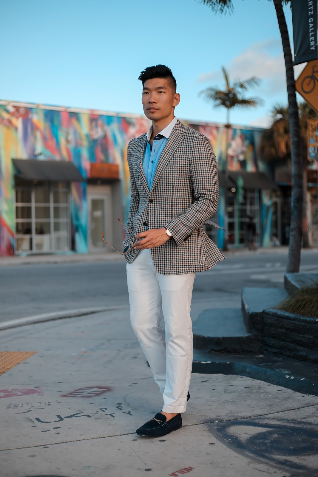Men's Summer Style, Checked Blazer, Persol Sunglasses, Robert Graham Loafers,  and Uri Minkoff Backpack