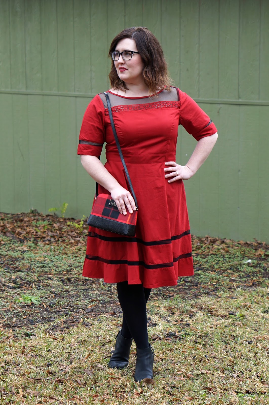 Rebecca Lately eShakti Custom Red Dress Kate Spade Red Plaid Bag