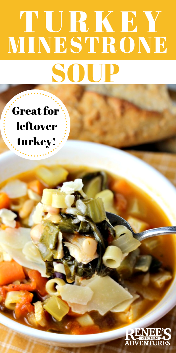 Turkey Minestrone Soup by Renee's Kitchen Adventures in a bowl pin for Pinterest